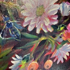 Original floral Painting flower Still Life art surreal Insects ladybugs garden