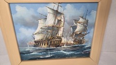 J. Harvey Oil on Canvas Painting • 19th Century French Warship Battling •