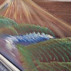 Vintage 70s Black Velvet Mountain Landscape Oil Painting Carved Wood Frame 22×13