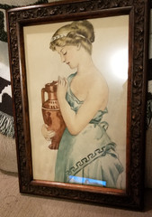 Neo classical Greek Influence 1900s water color Goddess w Ewer framed w glass