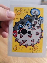 ACEO Original Painting Acrylic Tattoo Puffer Fish Puff Spikey Fish Sea Creature