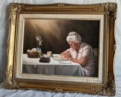 J. Coleman Vintage LITHOGRAPH ON CANVAS OF A WOMAN PRAYING