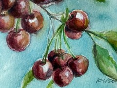 Wooden Framed Original Watercolor Painting Cherry Cottagecore Kitchen Art