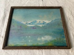 Vintage Pastel Watercolor Landscape Painting Snow Mountains Framed 10×13”