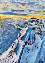 Alpine Mountain Sunrise Painting Original Art Snow Lodge Landscape Wall Decor