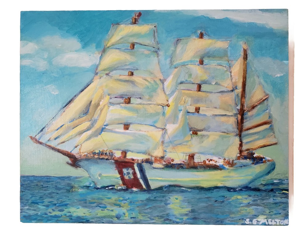 Original Acrylic Painting On Wood Signed Tall Ship Blue Water Sails Sky OOAK