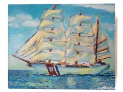 Original Acrylic Painting On Wood Signed Tall Ship Blue Water Sails Sky OOAK