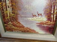 GORMAN ORIGINAL Oil Painting on Canvas FAWN & DEER BY THE LAKE! Framed 17″ X 15″