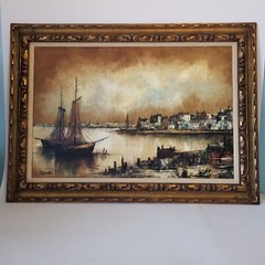 44×32 Original Oil Painting Signed Karoni seaside Bay Sea View Nautical Boat Bay