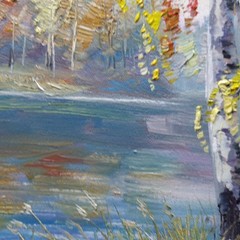 Autumn River Birch Trees Landscape Oil Painting Original Wall Art Canvas 8×8 in.