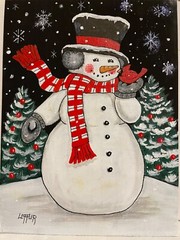 9 x 12 Framed Acrylic Painting on Canvas Board…“ Snowman and Cardinal“