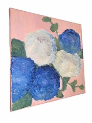Modern Contemporary Blue & White Hydrangeas Floral Canvas 12 1/8” Sq Unsigned