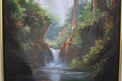 Vintage Landscape Jungle Waterfall Oil Painting On Canvas Signed Wanda Illegible
