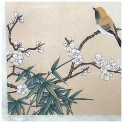 Bird on Cherry Blossom Branch, Original Watercolor on Silk
