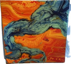 Abstract Wall Art Fluid Resin Vibrant Orange Blue Modern 12 X 12” Gift