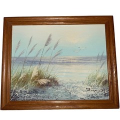 Vintage ocean seascape oil painting signed hand painted grass dunes