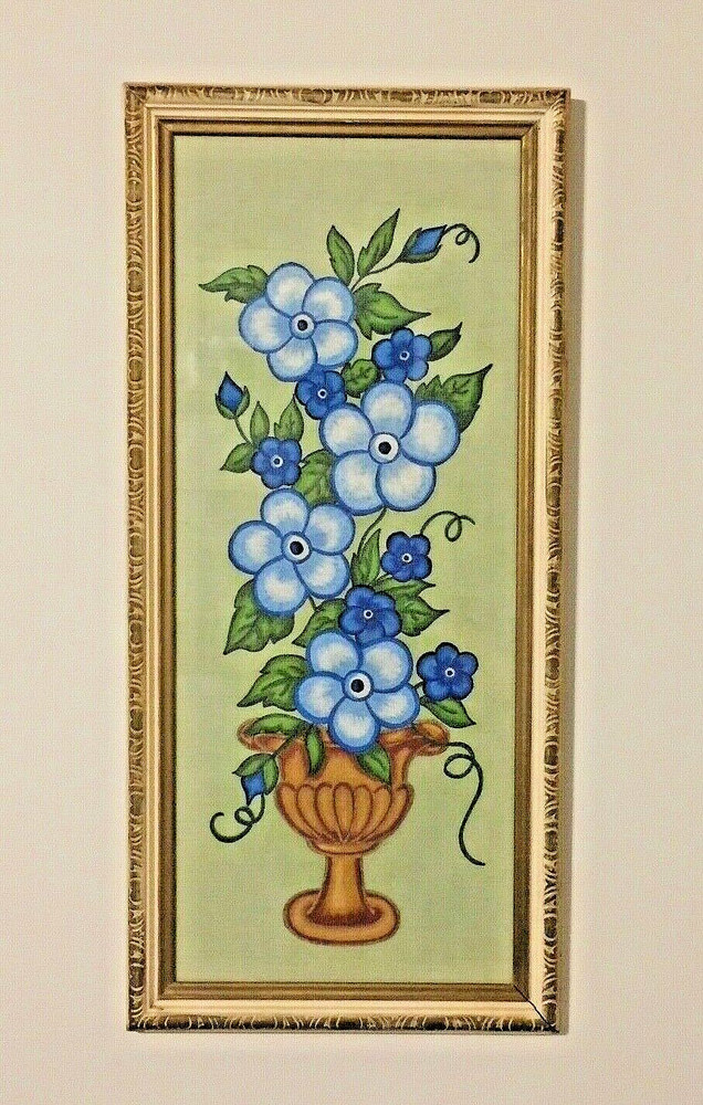 Retro Kitsch Mod Blue FLOWER Painting 26.5″ x 12″ Boho Art Framed 1960’s-1970’s