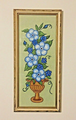 Retro Kitsch Mod Blue FLOWER Painting 26.5″ x 12″ Boho Art Framed 1960’s-1970’s