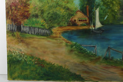 Vintage Sailing Along The River Shore Scenery Oil Painting Signed Illegible