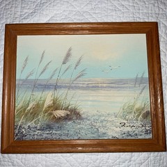 Vintage ocean seascape oil painting signed hand painted grass dunes