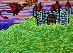ACEO Original Art dragon castle sunset cottagecore whimsy by Kai Robin Courtney