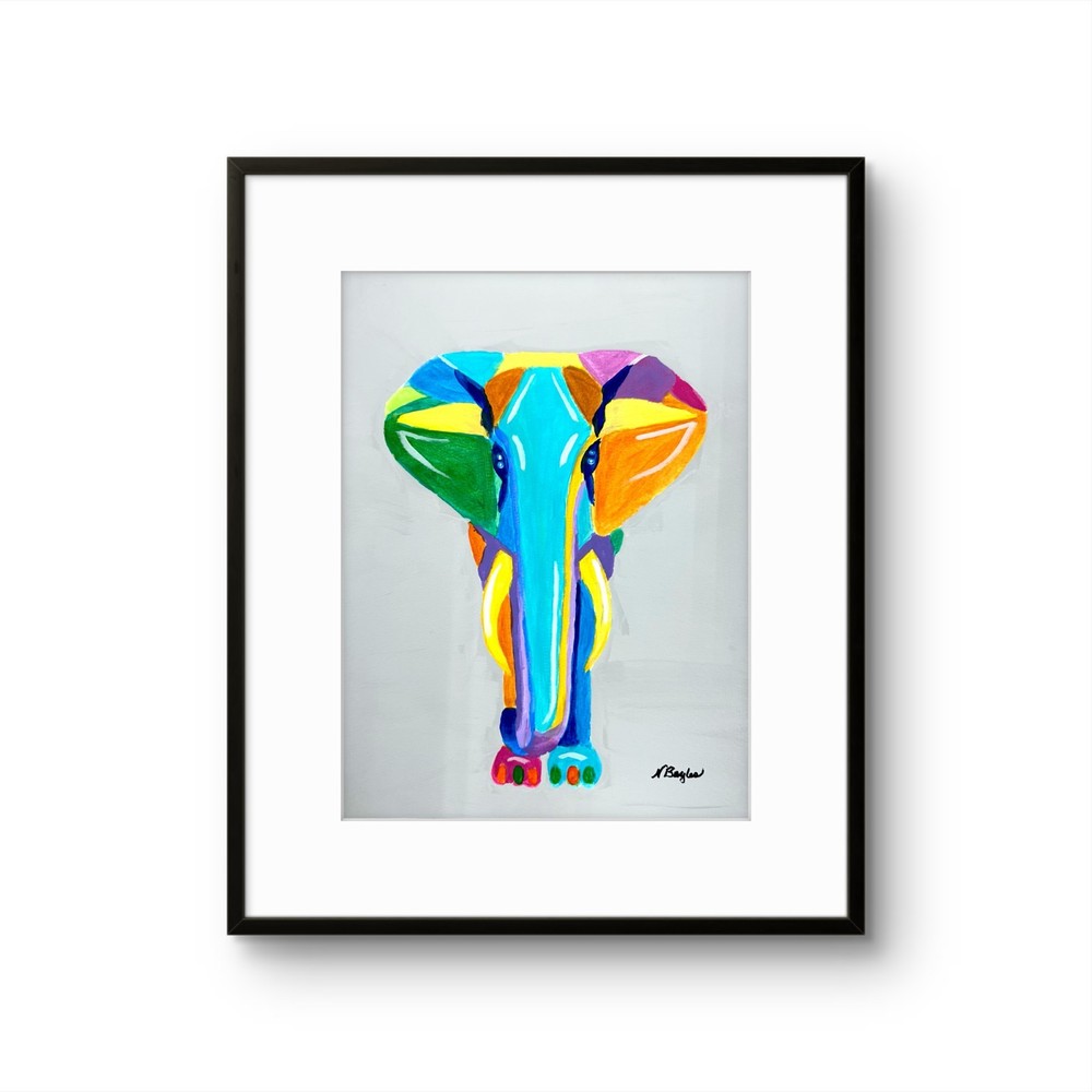 Original Signed 9×12 Elephant Acrylic Art Colorful Expressionist Home Decor