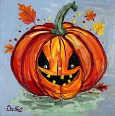 Halloween Painting Evil Pumpkin Original Painting oil 8×8 inch HALLOWEEN GIFT