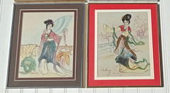 Vintage Signed Original Watercolor Paintings Asian Maiden Set of 2 Framed MCM
