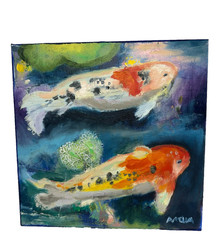 Original Oil Painting Koi Fish Pond OOAK 10×10″ Gallery Wrapped Wall Decor