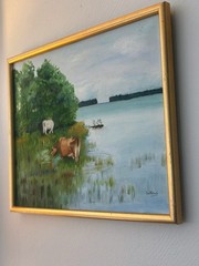 Vintage Acrylic Painting Landscape Cows Water 17”x 21” W / Frame 🌲💧🐮