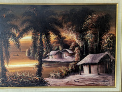 Vintage African Zaire Congo Village Sunset Landscape Acrylic Painting 38×18