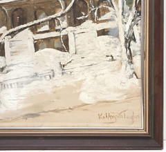 1940s LISTED AMERICAN KATHRYN TAYLOR SIGNED ORIG OIL CANVAS BROOKLYN BROWNSTONES