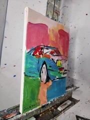 Aleph Original Art Vintage Car 9 x 12 Abstract Expressionist Painting Canvas
