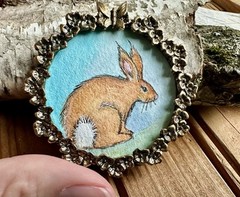 Original Art Watercolor Painting Small Pewter Frame Bunny Rabbit Illustration