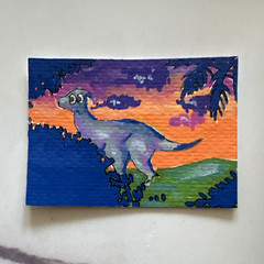 Dinosaur & Landscape Illustration Art Painting, Single Piece ACEO 2.5 x 3.5