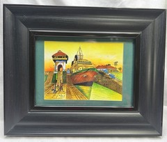 Black Ink & Watercolor Panama Canal Drawing Signed by Tolmos 2003 Original Work