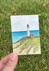 ACEO Original, Lighthouse Beach House Ocean Seascape 2.5×3.5in Mini Art