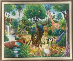 Andre Normil Garden of Eden Original Oil Painting Haitian Naive Folk Art Signed
