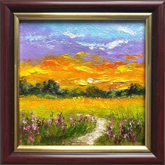 Summer Original Oil Painting Landscape Sunset Field and Path Wall Art 4 x 4 in