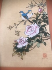 P.Chan Botanical/Bird on Silk Watercolor Art