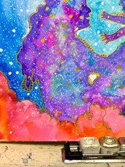 Watercolor Silhouette Original Memorial Art Angels Sky Clouds Star Paint