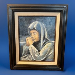 Vintage Hand Painted Oil Painting Mary Praying Religious Signed On Back 14”x12.5