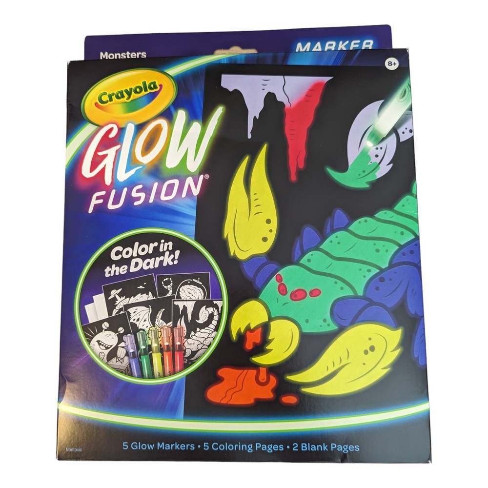 CRAYOLA GLOW FUSION – COLOR IN THE DARK – 5 MARKERS – 5 COLORING PAGES