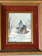 Miniature Winter Mill Oil Painting M. Escher Landscape Original Art Velvet Frame