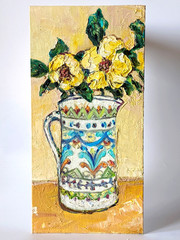 Original Textured Floral Still Life Triptych Oil Painting 3 Canvas panel 16×8″