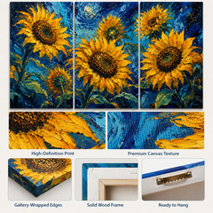 Sunflower Triptych Canvas Wall Art Blue Yellow Floral 3 Panel Print Farmhouse