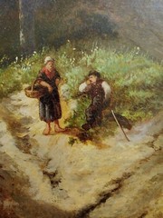 Original Antique 1800s Oil on Board Painting Bucolic Figural Landscape w/ Frame