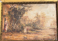 19th Century Italian Oil Painting outdoor scene dog and woman playing illegible