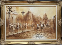 Vintage Boris Chezar Original Streetscape Oil Sand Painting Canvas Large Framed