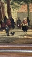 Dutch Oil On Board Painting Of A Town Scene 14”x10” Horses People